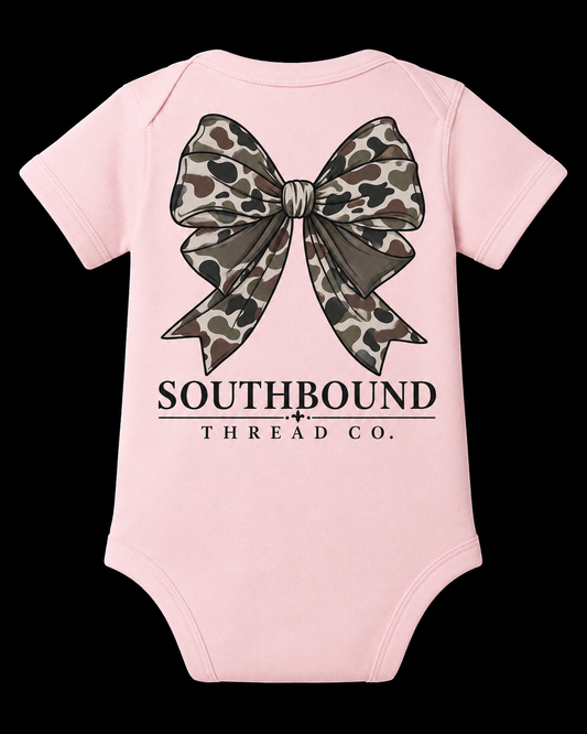 Vintage Duck Camo Bow Onesie
